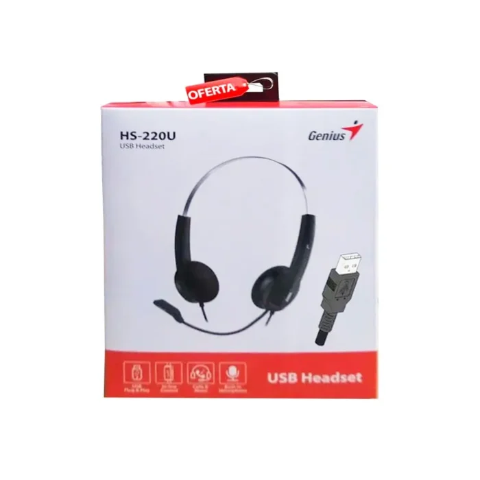 Audífono C/Microf. Genius Hs-220u Usb Black Es un auricular de diadema USB ultraligero para voice chatting, videoconferencias