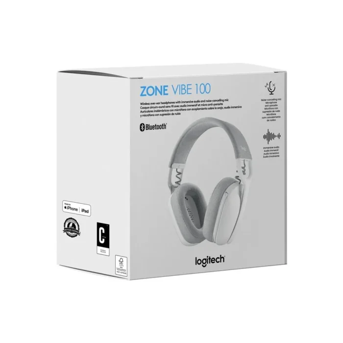 Audifono C/Microf. Logitech Zone Vibe 100 Bluetooth Versión de Bluetooth 5.2 Color Blanco Micrófono con supresión de ruido Radio de acción inalámbrico Hasta 30m