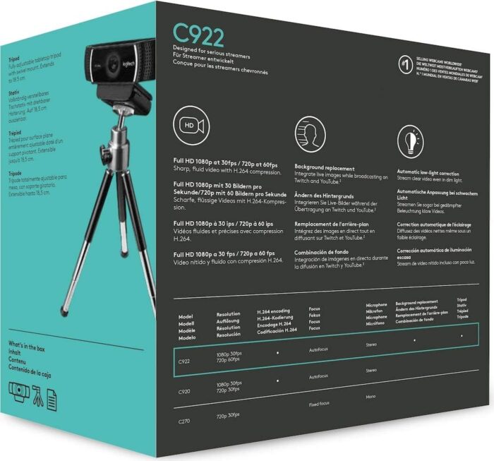 Camara Logitech C922 Pro Stream Fhd 1080p (960-001087) Black, Tipo de enfoque, Enfoque automático, Tipo de lente Cristal, Resolución de videos 1080P.