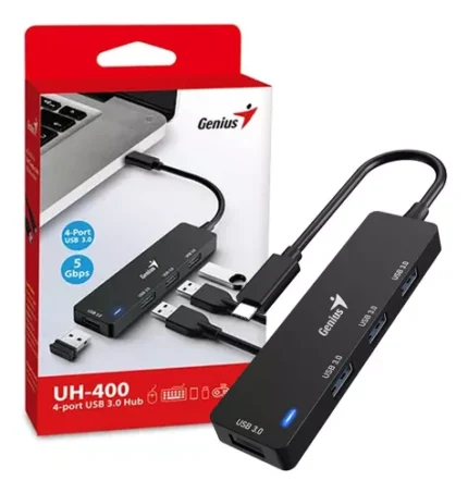 Hub Usb-C Genius Uh-400 4 Usb-A 3.0 Black Genius UH-400 ofrece 4 puertos USB 3.0 para ordenadores mediante conector USB tipo C.