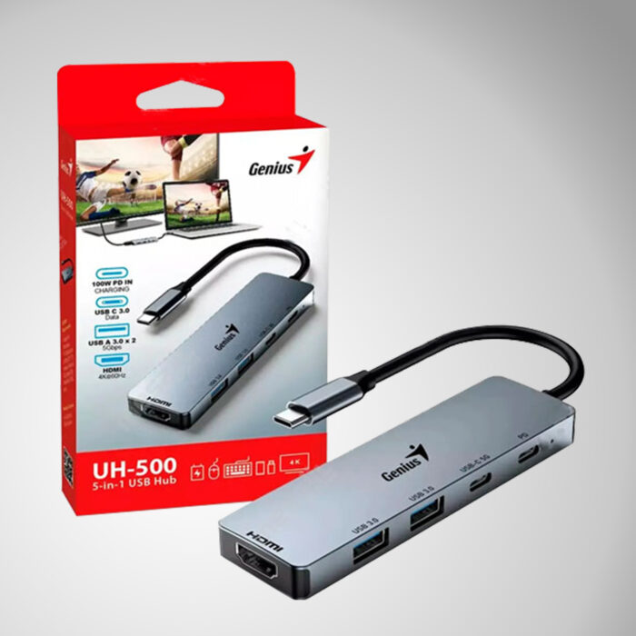 Hub Usb-C Genius Uh-500 2 Usb-A 3.0 / 1 Usb-C / 1 Hdmi 4k Power Delivery 100w Silv Hub Multipuerto Con Entrada De Alimentación Pd Para Carga