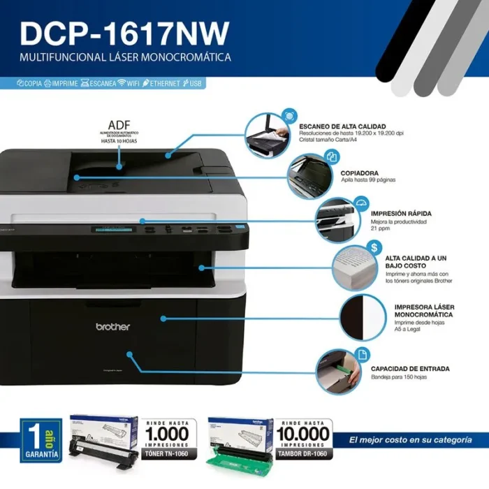 Imp. Multifuncional Laser Mono. Brother Dcp-1617nw cuenta con funciones avanzadas como la impresión dúplex automática.