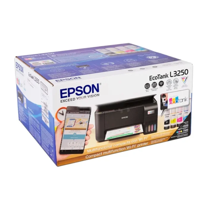 Impresora Multifuncional Epson Ecotank L3250 Wifi Usb te permite imprimir hasta  4.500 páginas en negro o  7.500 páginas a color 