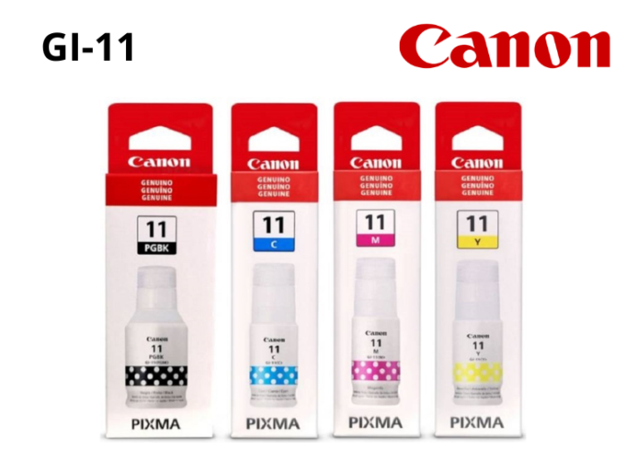 Kit De Tinta Canon GI-11 Pack De 4 Colores rendimiento de hasta 8,300 páginas en blanco y negro y 7,700 páginas a color, 2,200 fotos a color