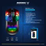 Mouse Gamer Micronics Spectre MIC GM812 Diseño Dark Reflex Translúcido Iluminación LED RGB DPI Graduable Hasta 12800. Conexión USB.