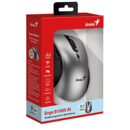 Mouse Genius Ergo 8100s Ai Copilot Wireless 6-Bot Silent Ergonomico Silver/Gray Resolución 800/1200/1600 DPI Numero de Botones 6 Interfaz 2.4 GHz USB adaptador