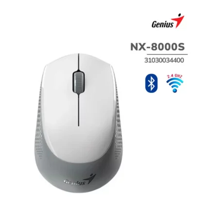 Mouse Genius Nx-8000s Bt Wireless/Bluetooth Blueeye Silent Ergonomico White/Grey Interfaz Wireless 2.4 GHz DPI 1200 Botones 3 Iluminación Sin RGB