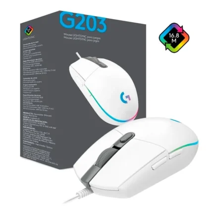 Mouse Logitech G203 Lightsync Optical 8000 Dpi Rgb White Dimensiones 116.6 x 62.15 x 38.2 mm PESO 85 g Compatibilidad Pc,MAC y Notebook. Conexión Usb Cable 2,1m