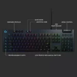 Teclado Logitech G815 Tactile Lightsync Rgb Black Tipo de teclado Mecánico Conectividad Alámbrico Interfaz: USB Switch Rojo Lineal Detalle de Switch Silencioso