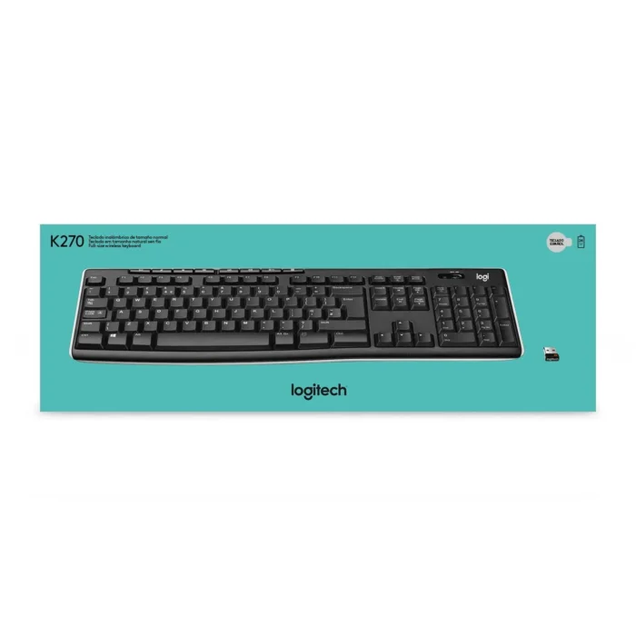 Teclado Logitech K270 Wireless Unifying Usb Sp Black Dimensiones 149 x 441.5 x 18 mm frontal 22 mm posterior Peso 498g Compatibilidad Windows 10, 11 o posterior
