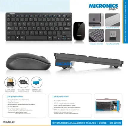 Teclado y Mouse inalámbrico Spirit MIC-WT800 Micronics combina comodidad y funcionalidad en un diseño elegante. USB de 2.4GHz