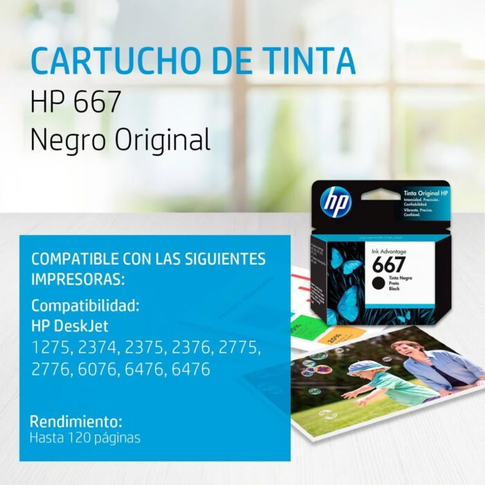 Tinta Hp 667 3ym79al Black (Dj 2775 / 4175) está diseñada para altos estándares de calidad en impresiones a color.