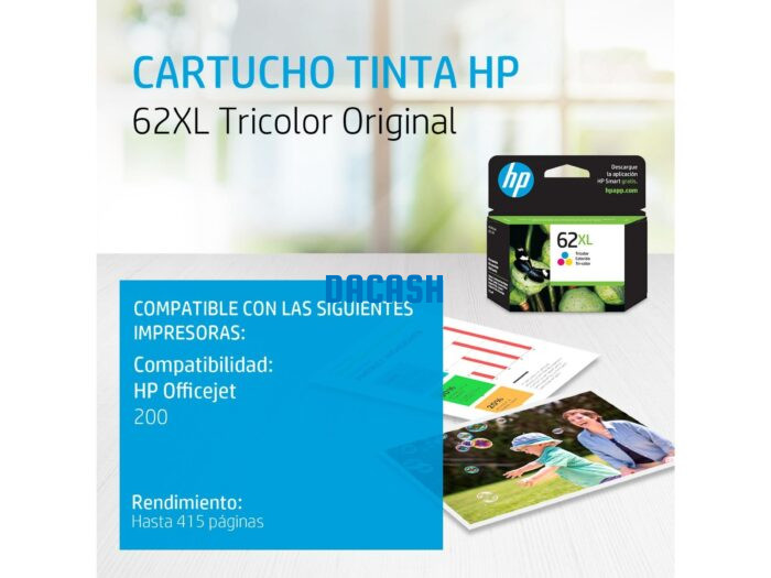 Tinta HP C2P07AL (62XL) Tricolor (Ojm 200) (415 Pag) Imprima documentos con texto definido y colores vívidos gracias a los cartuchos HP