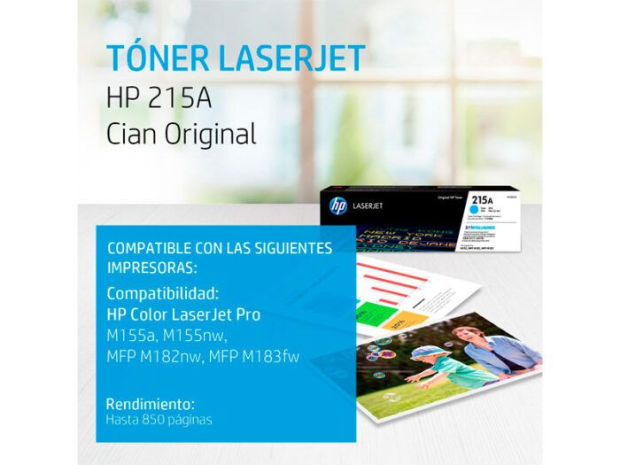 Toner HP W2311A (215A) L.J. Cyan 850 Pags  Los cartuchos de tóner original Laser producen documentos con gráficos y texto negro de alta calidad.